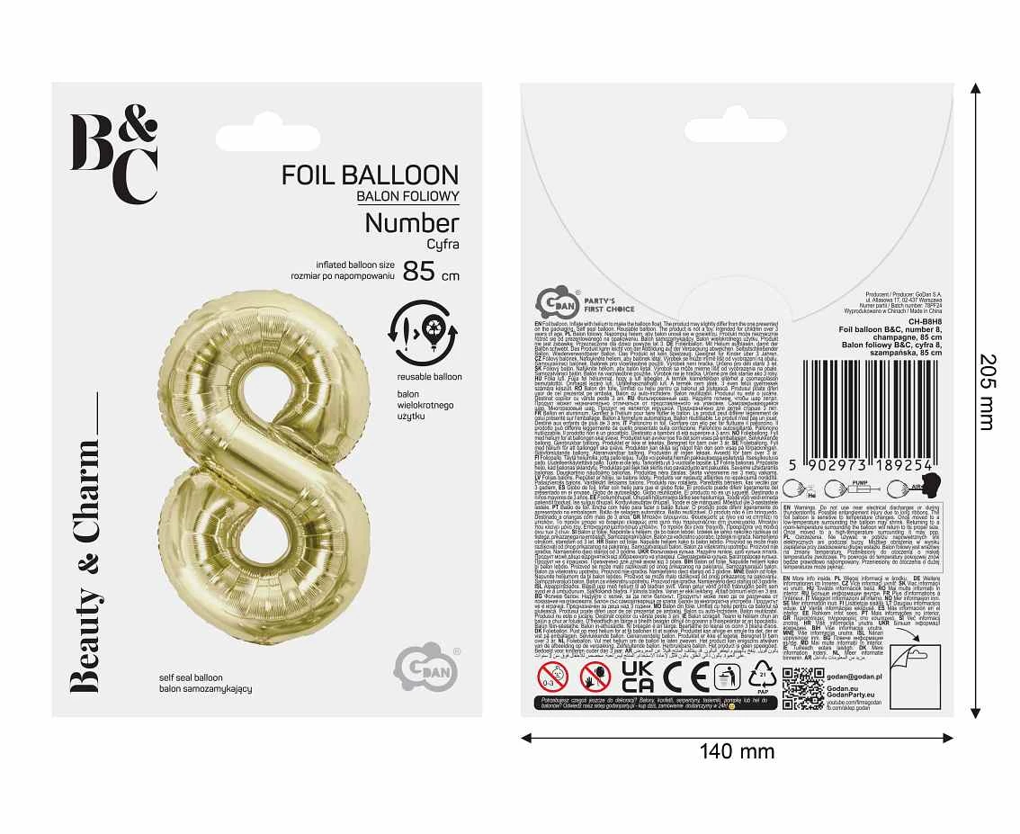 Balon foliowy B&C, cyfra 8, szampańska, 85 cm AA